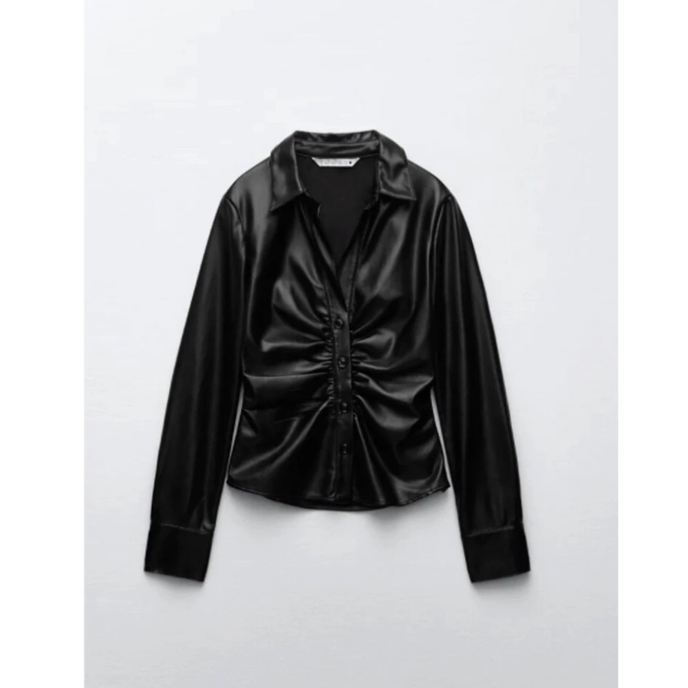 Zara Fitted Faux Leather Button Down Shirt in Black Size Medium